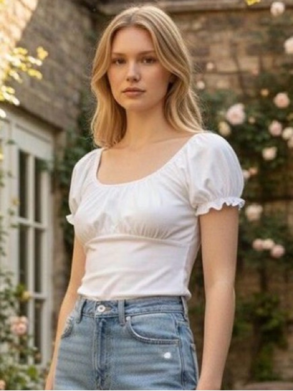 Brandy Melville White Puff Sleeve Scoop Neck Top Coquette Milkmaid Stretch S